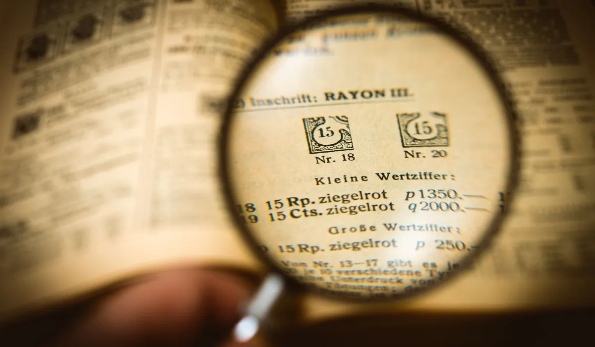 Close-up of a printed essay under a magnifying glass with some sentences highlighted