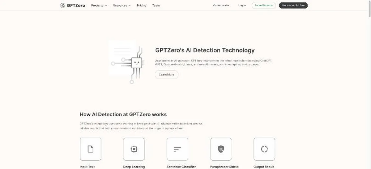GPTZero technology page describing its deep learning detection pipeline