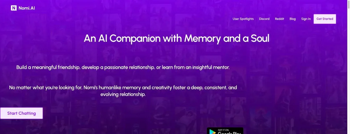 Nomi AI homepage