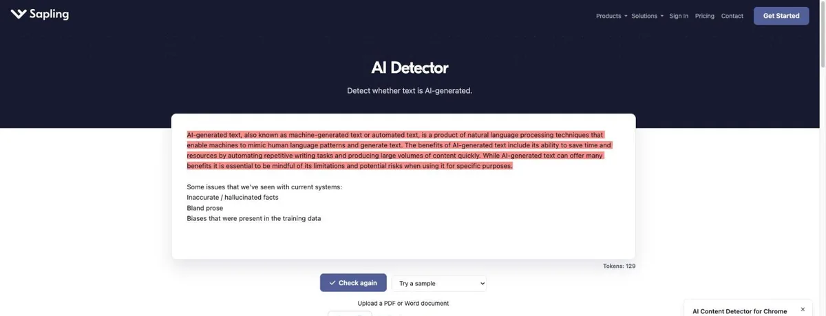 Sapling AI Detector homepage